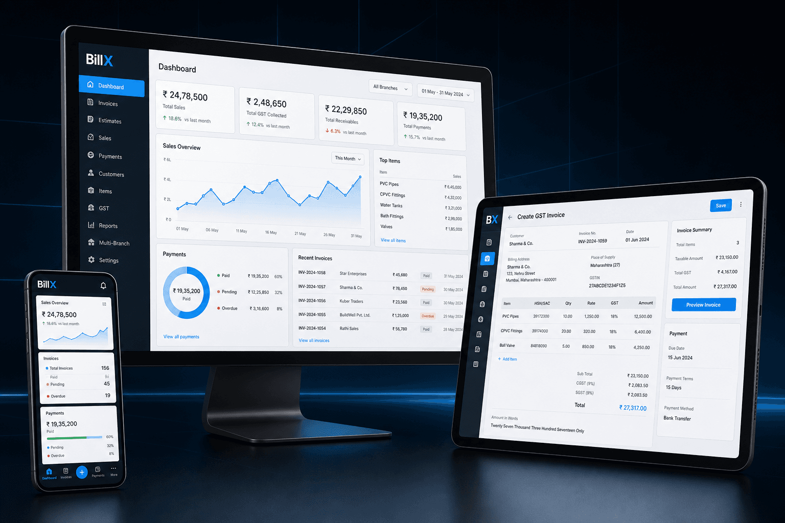 BillX product interface shown across devices